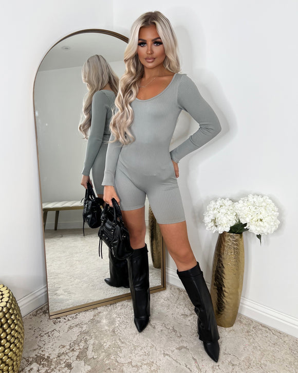 Maya Ribbed Unitard Playsuit - Grey