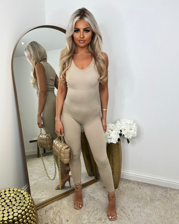 Megan Sleeveless Unitard Jumpsuit - Beige