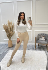High Waisted Central Gold Button Leggings - Cream