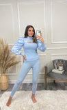 Hazel Slit Front Puff Sleeve Loungewear Set - Baby Blue