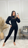 Hazel Slit Front Puff Sleeve Loungewear Set - Black