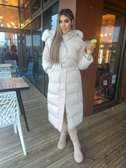 Chantel Long Padded Faux Fur Hooded Coat - Beige