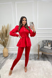 Kerri Ribbed Jewelled Shirt Jumper Lounge Set - Red