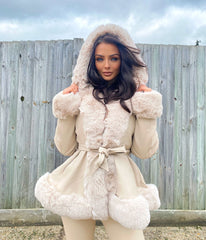 Lillie Belted Fur Hooded Coat - Beige